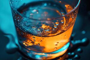 Close-up of a glass with amber liquid and condensation, showing water droplets. photo