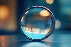Close-up of a glass sphere reflecting blurred lights. photo