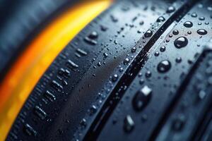 Close-up of a dark, wet, circular object with markings, showing water droplets. photo