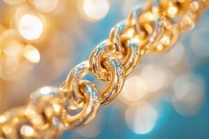 Close-up of a gold chain against a bokeh background. photo