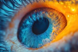 Close-up of a human eye with blue and orange iris. photo