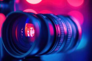 Close-up of a professional camera lens with bokeh lights. photo