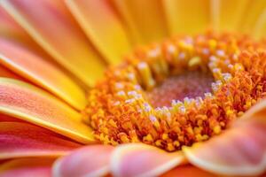 Close-up of an orange gerbera daisy, showcasing intricate details of petals, stamen, and pistil. photo