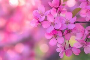 Close-up of delicate pink blossoms on a branch, soft-focus background. photo