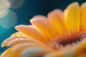 Close-up of a vibrant orange gerbera daisy with water droplets on its petals, set against a soft-focus teal background. photo