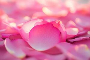 Close-up of delicate pink rose petals scattered, illuminated by soft sunlight. photo
