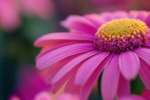 Close-up of a vibrant pink daisy flower with a yellow center, shallow depth of field. photo