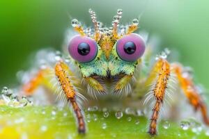 Close-up of a vibrant, dew-covered jumping spider with large pink eyes. photo