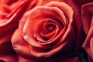 Close-up of a vibrant, coral-colored rose, petals intricately detailed. photo