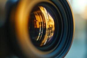 Close-up of camera lens reflecting buildings at sunset. photo