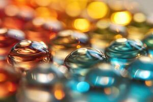 Close-up of colorful translucent spheres with bokeh effect. photo