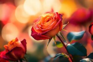 Close-up of a vibrant orange and red rose in bloom, with bokeh background. photo