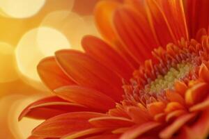 Close-up of a vibrant orange gerbera daisy against a soft, blurred bokeh background. photo