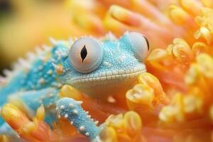 Close-up of a vibrant blue chameleon on bright orange flower. photo