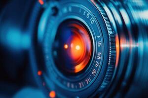 Close-up of a vintage camera lens with aperture and focus rings. photo