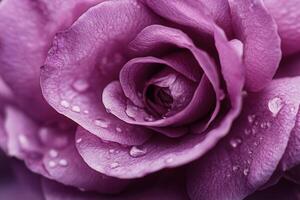 Close-up of a purple rose with water droplets. photo