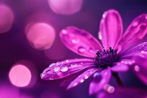 Close-up of a vibrant purple flower with dew drops, bokeh background. photo