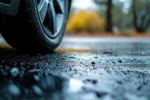Close-up of a wet car tire on a rain-slicked road. photo