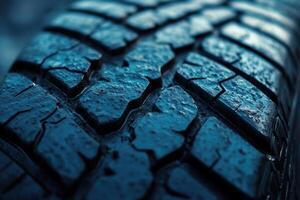 Close-up of a worn tire tread showing texture and detail. photo