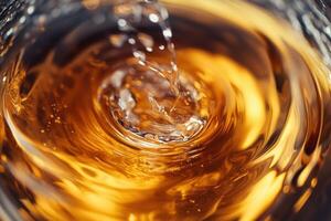 Close-up of amber liquid pouring, creating ripples and splashes. photo