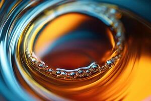 Close-up of amber liquid with bubbles swirling in a glass. photo