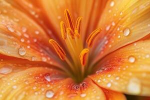 Close-up of an orange lily flower with water droplets on its petals. photo