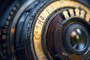 Close-up of antique camera lens aperture and shutter speed settings. photo
