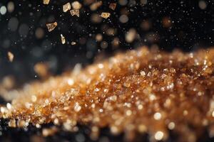 Close-up of brown sugar crystals falling onto a pile. photo