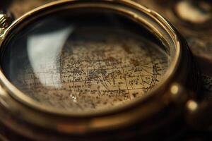 Close-up of antique brass magnifying glass over an old map. photo
