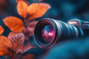 Close-up of camera lens amidst autumn leaves. photo