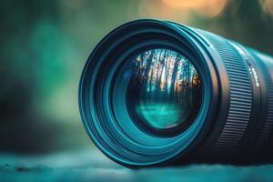 Close-up of camera lens reflecting forest scene. photo