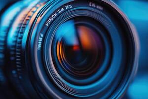 Close-up of camera lens showing aperture and glass. photo