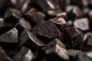 Close-up of dark chocolate pieces, rough texture, geometric shapes. photo