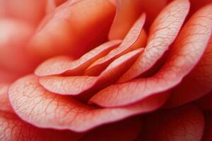 Close-up of delicate, layered, coral-pink flower petals. photo