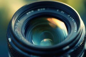 Close-up of a vintage camera lens with sun flare. photo