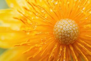 Close-up of a vibrant yellow flower with water droplets. photo