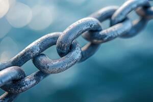 Close-up of a weathered metal chain against a blurred teal background. photo
