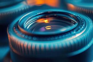 Close-up of camera lens with warm light reflection. photo