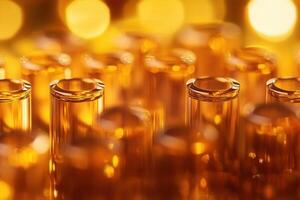 Close-up of amber glass vials against a bokeh background. photo