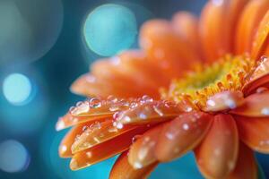 Close-up of an orange gerbera daisy with water droplets on its petals against a bokeh background. photo