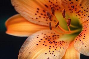 Close-up of an orange lily flower with dark spots on petals. photo