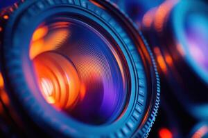 Close-up of camera lens with vibrant orange and blue lighting. photo