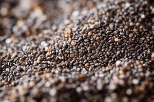 Close-up of chia seeds, showing texture and color variations. photo