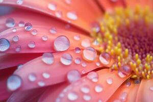 Close-up of dew drops on a pink gerbera daisy petal. photo