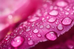 Close-up of dew drops on a vibrant pink petal. photo
