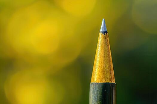 Close-up of sharpened pencil tip against blurred yellow background. photo