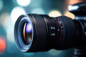 Close-up of professional camera lens with bokeh background. photo