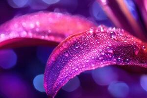 Close-up of dew-covered vibrant pink lily petals against a blurred purple background. photo