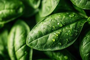 Close-up of fresh spinach leaves with water droplets. photo