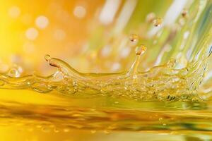 Close-up of golden liquid splashing, creating dynamic wave and droplets. photo
